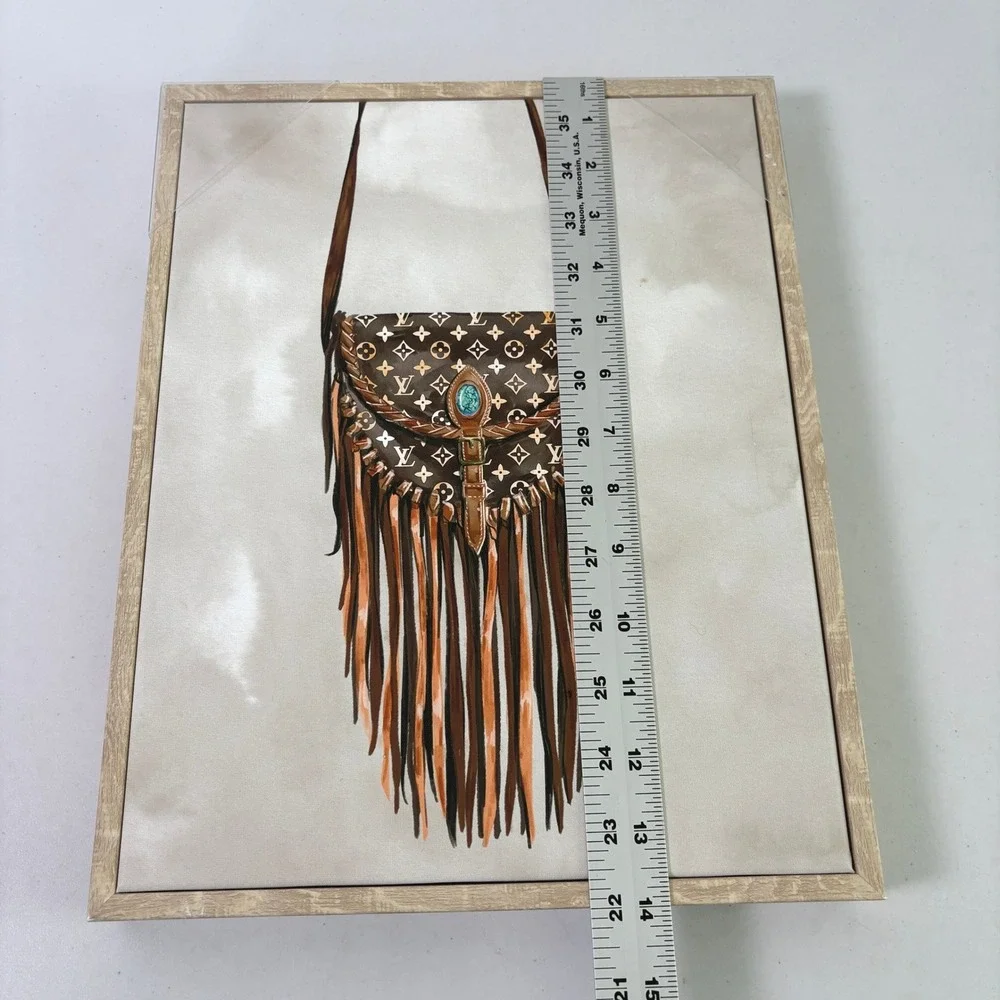 Framed Canvas Wall Art 14 x 11 Brown Boho Fringe Bag Decor Western Boho